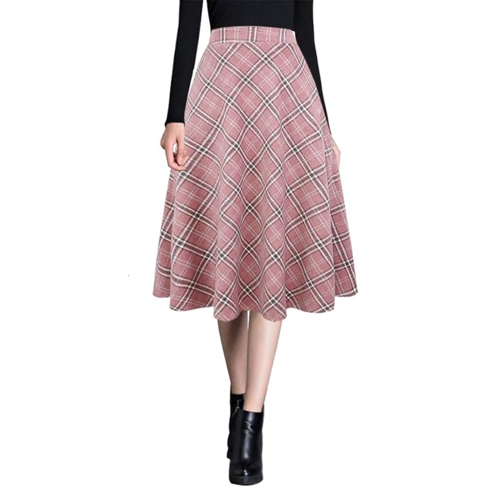 Womens Warm Wool Midi Skirts Winter Fall High Elastic Waist A Line Flared Woolen